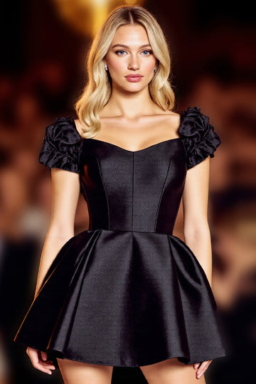 Black A Line Satin Short Homecoming Dress with Ruffles